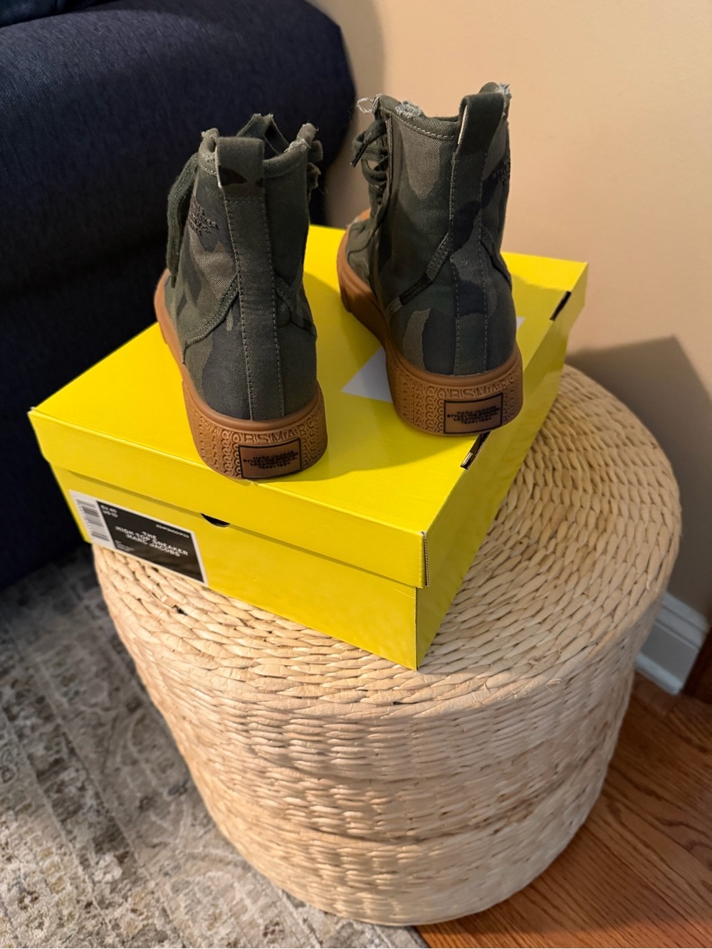 Marc Jacob Women’s High-Top Canvas Sneaker in Olive Camo and Brown - Picture 4 of 5